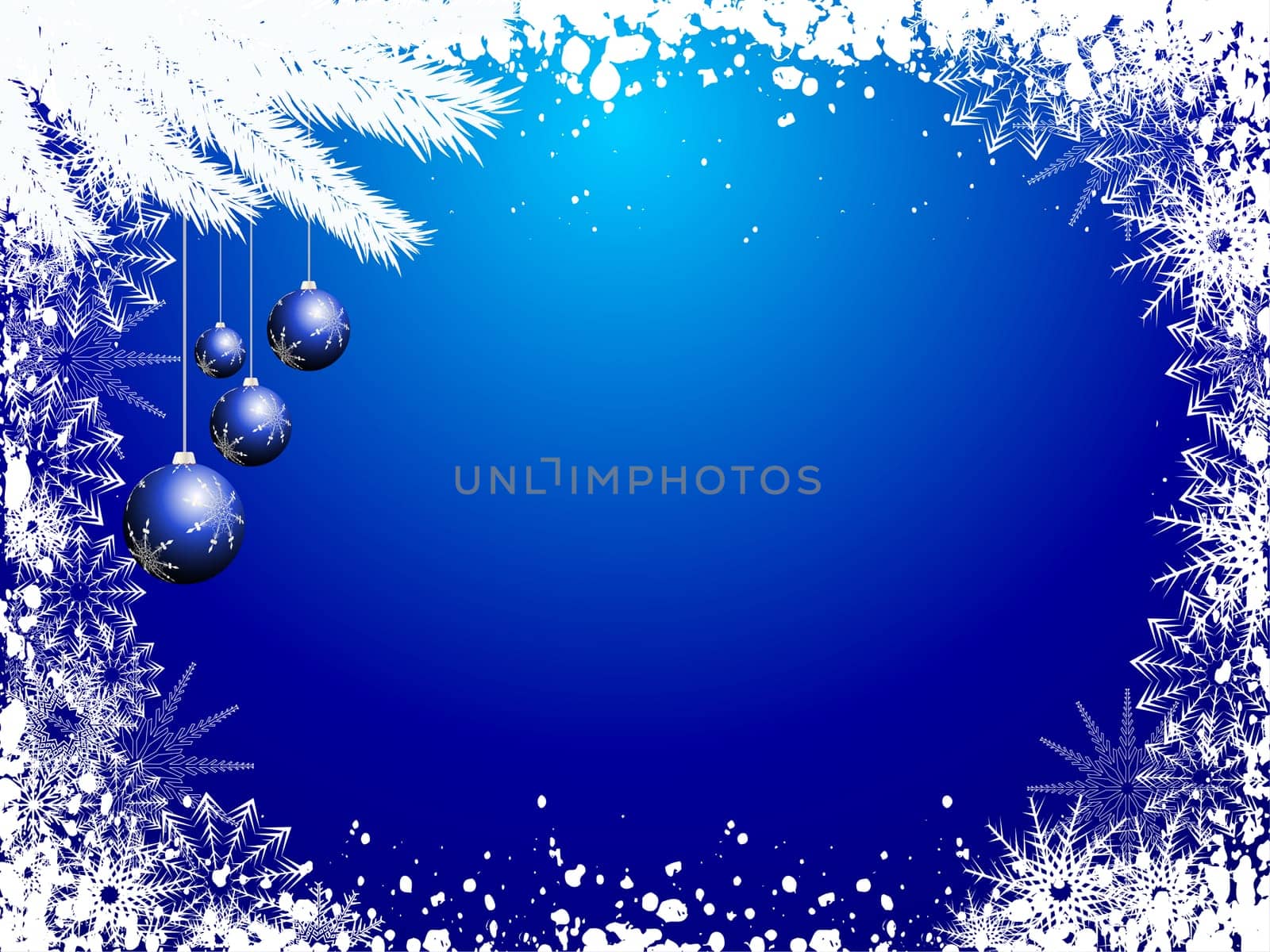 Hanging Christmas baubles on a snowflake background
