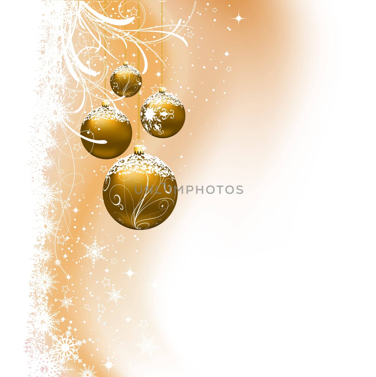 Hanging baubles on decorative Christmas background