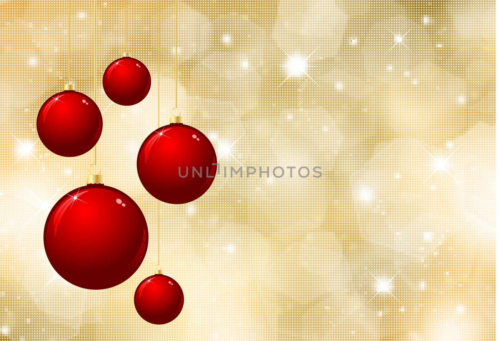 Glittery gold Christmas background with hanging baubles