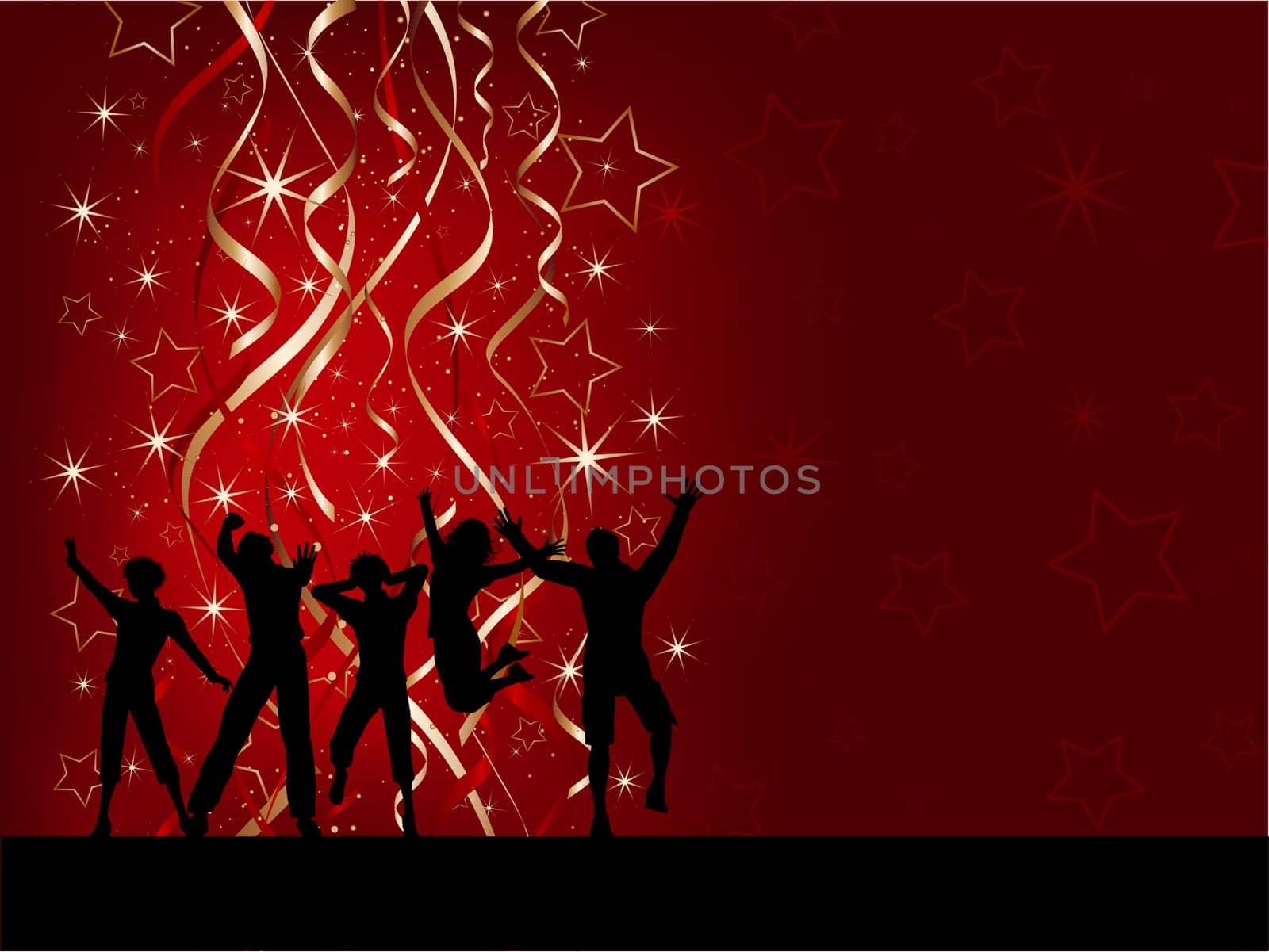 Silhouettes of people dancing on a Christmas background