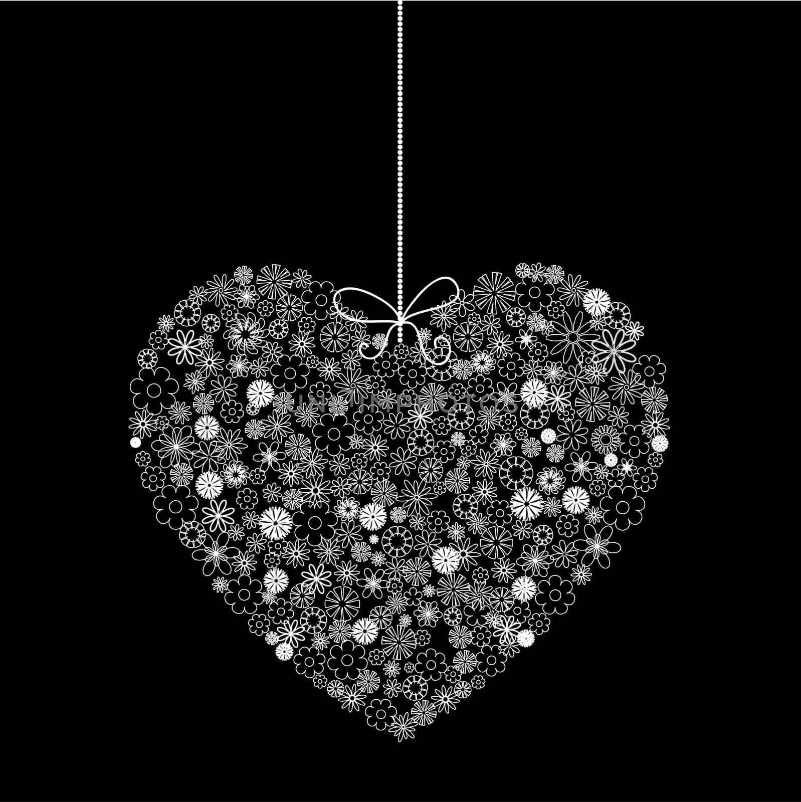 Heart shaped filled with flowers in black and white