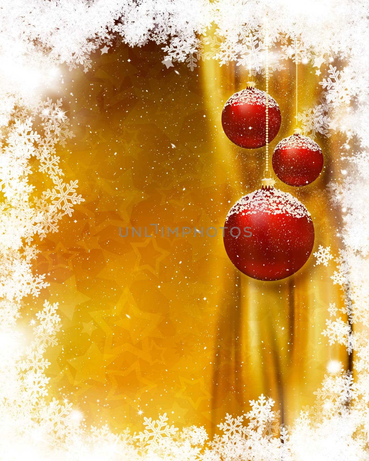 Hanging Christmas baubles on snowflake background