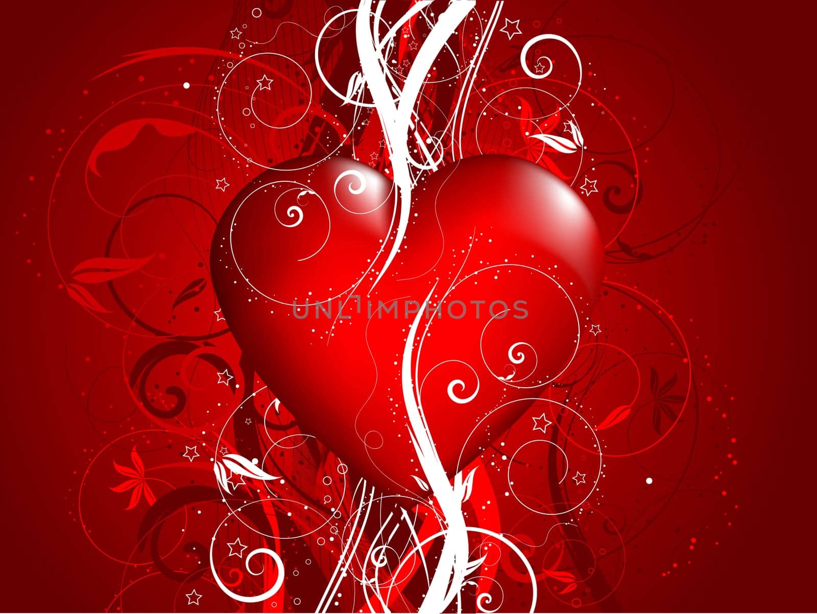 Glossy red heart on a decorative floral background