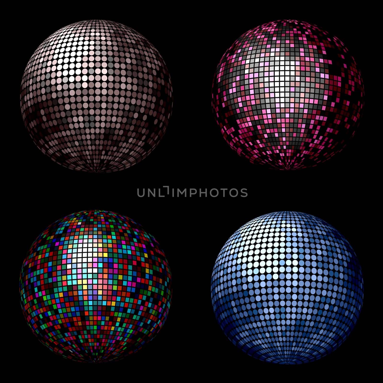 Various different coloured disco balls