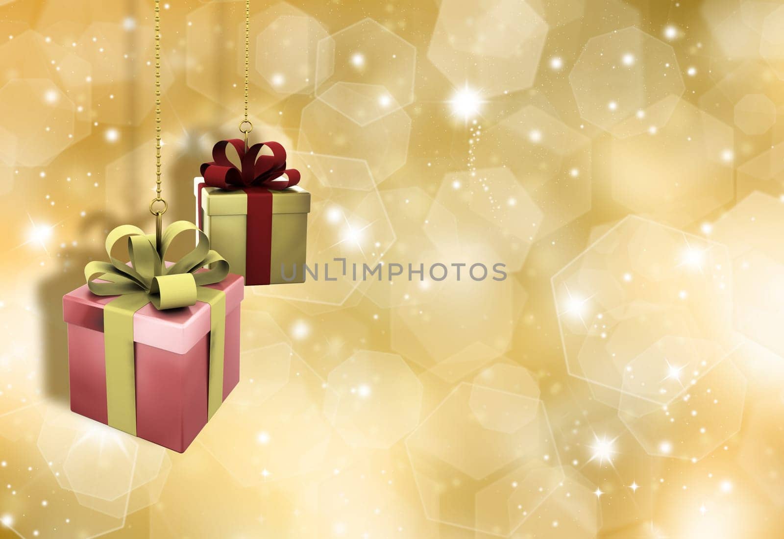 Hanging Christmas gifts on a glittery gold Christmas background