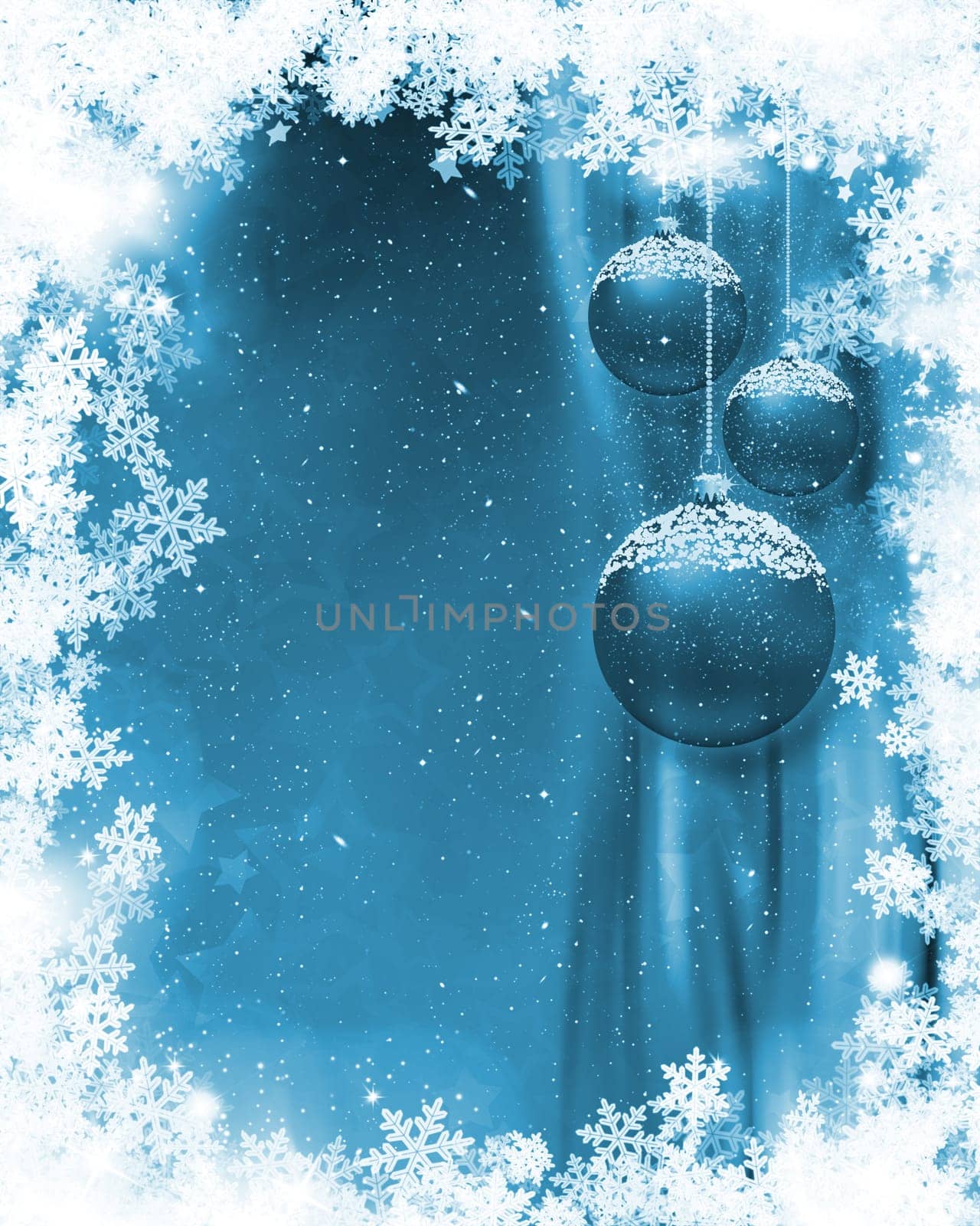 Hanging Christmas baubles on a snowflake background