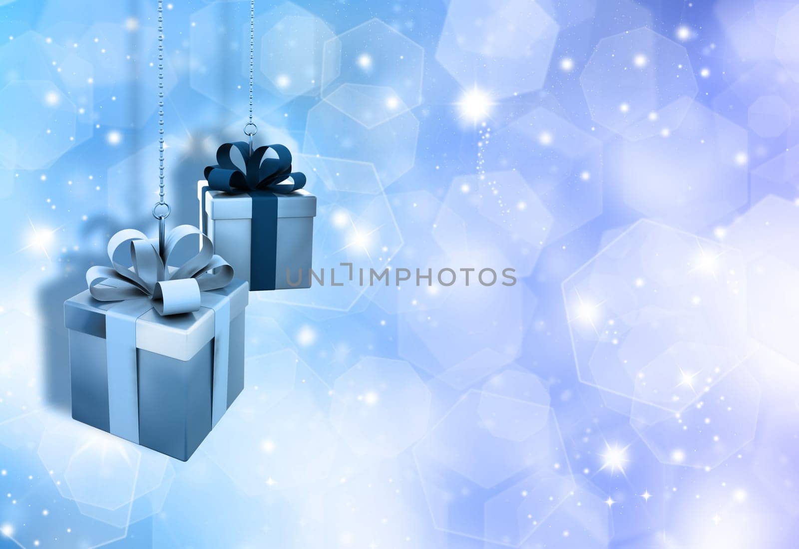 Hanging Christmas gifts on a glittery gold Christmas background