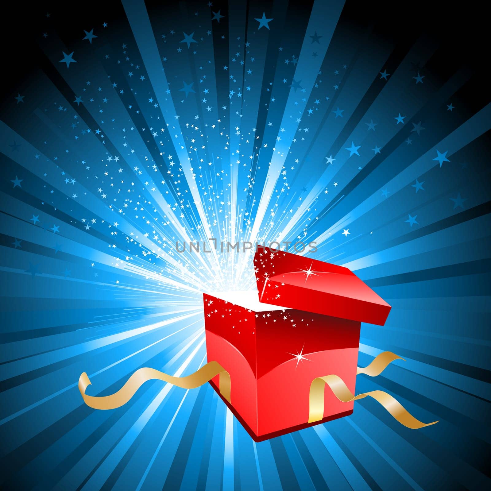 Open gift box with stars bursting out of it