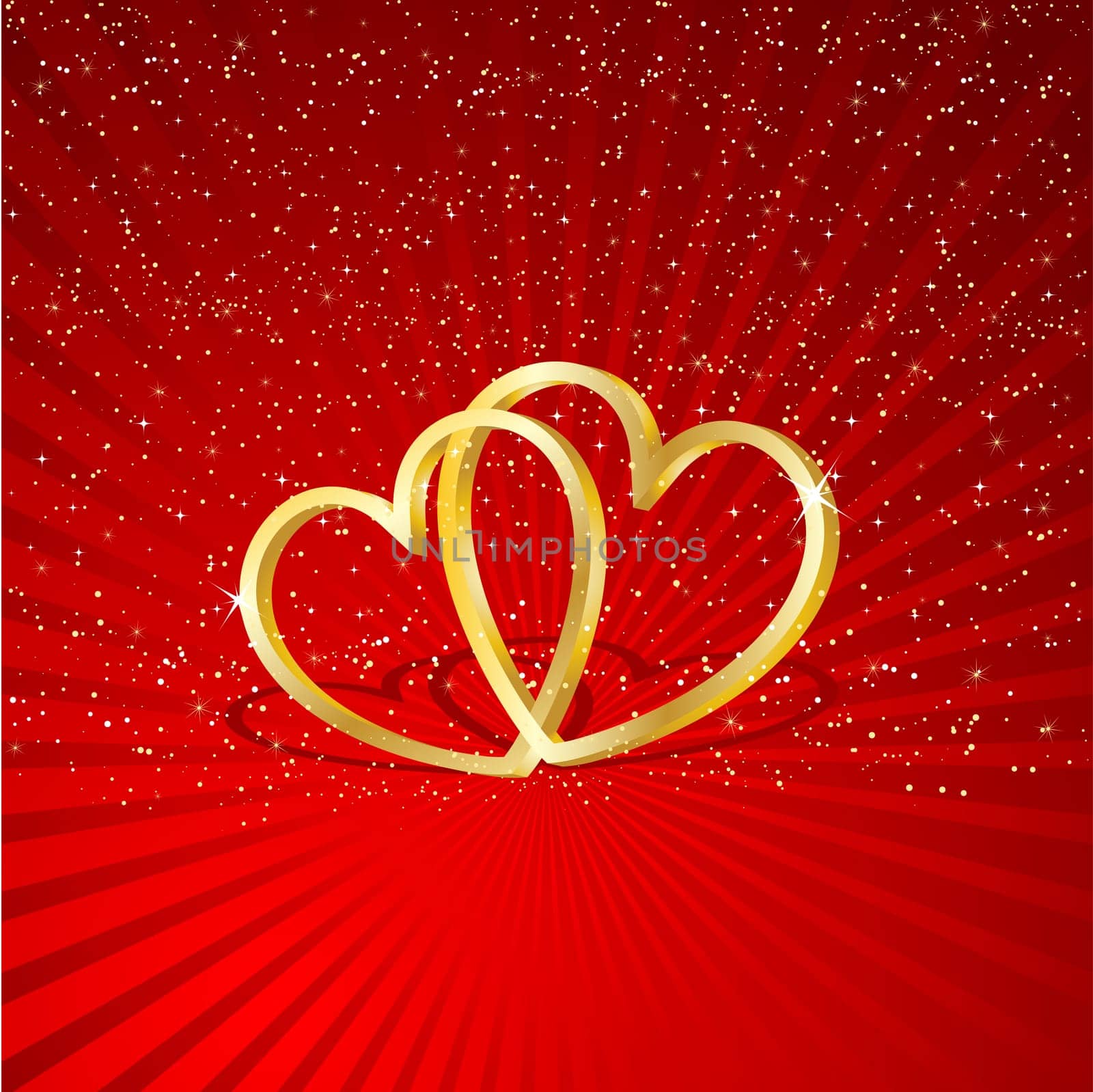 Two golden interlocking hearts on a starry background