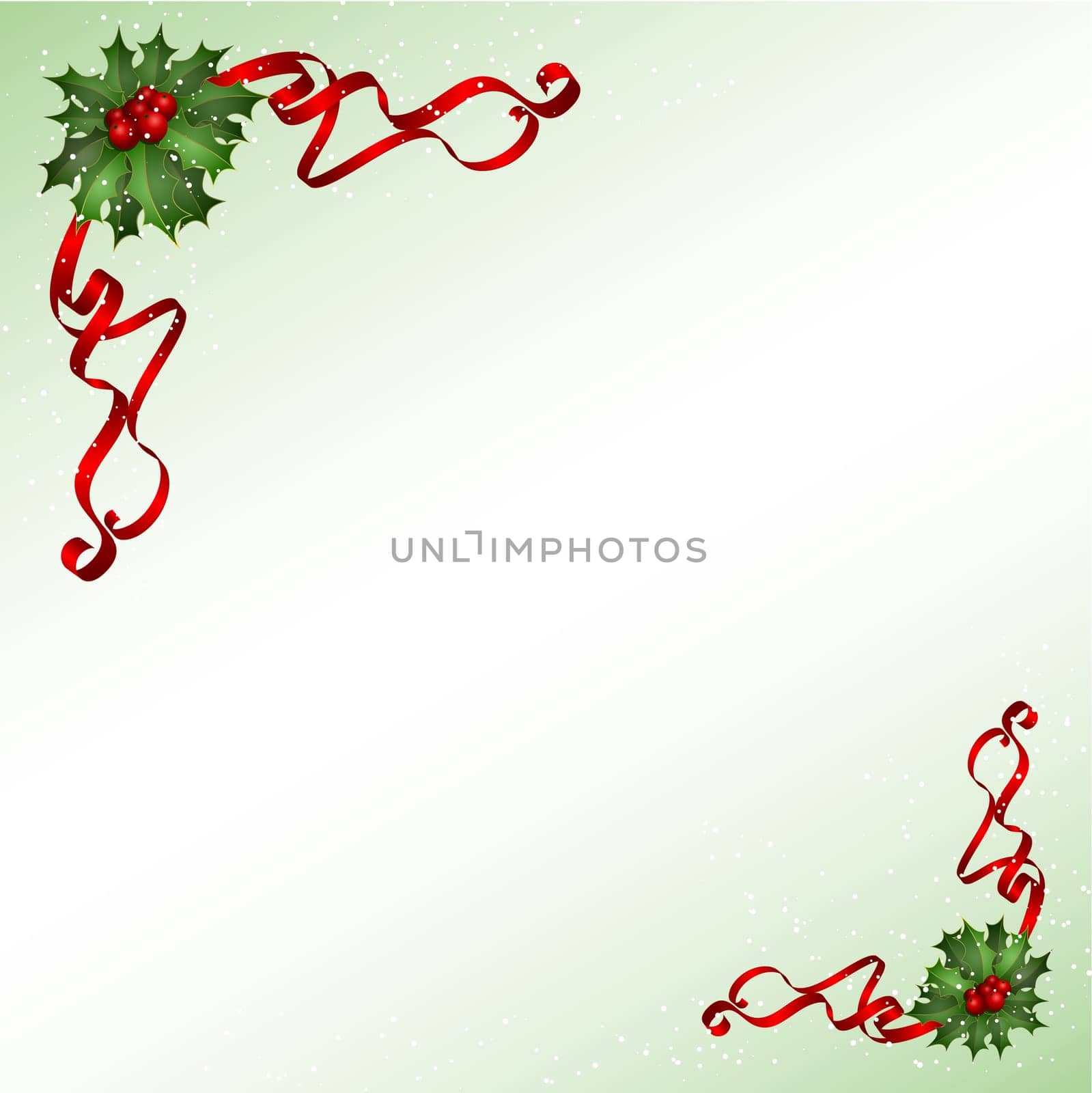 Decorative Christmas background with holly, berries and red ribbon