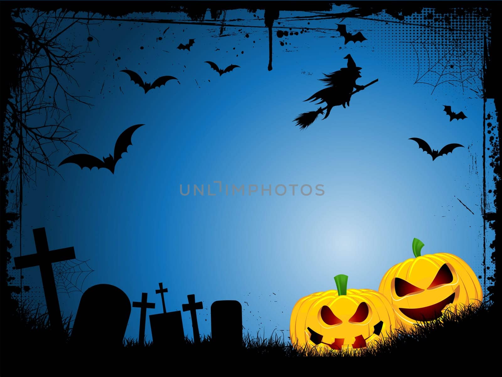 Spooky Halloween background with evil pumpkins and a witch on broomstick