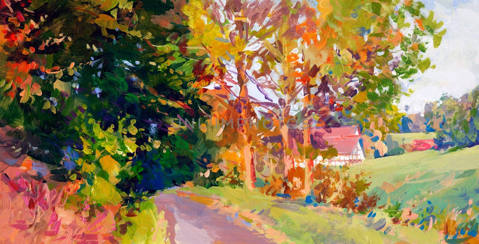 Autumn landscape painted on wooden panel