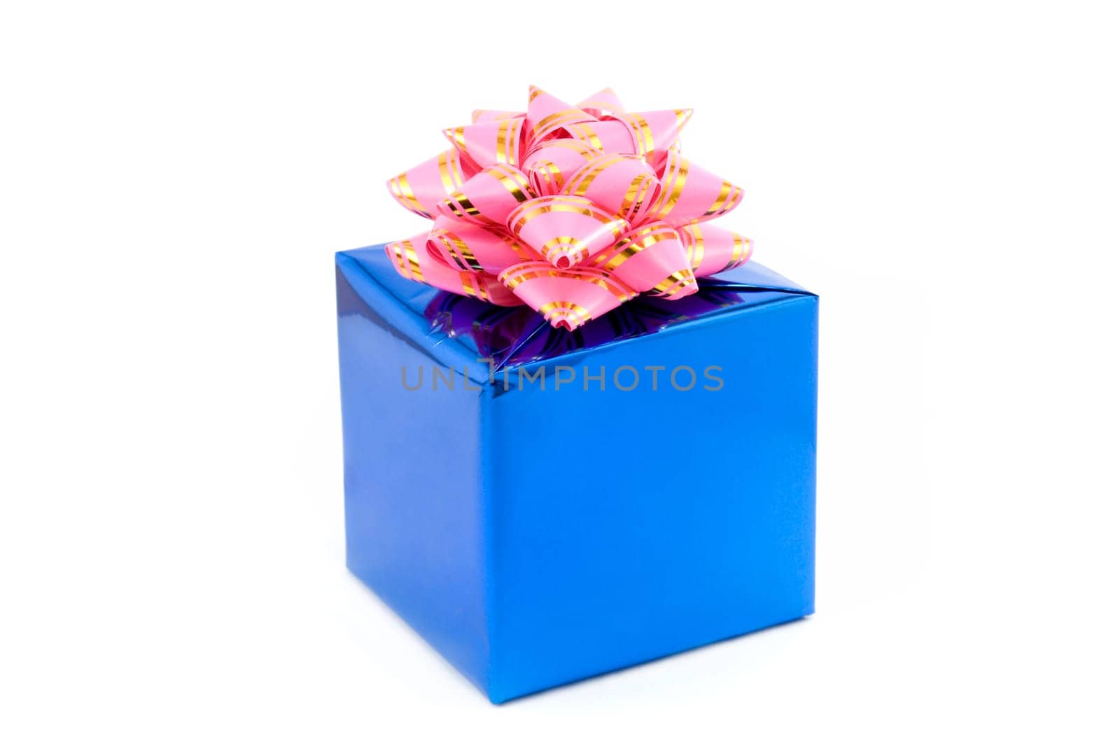 Gift box of blue color with a pink tape