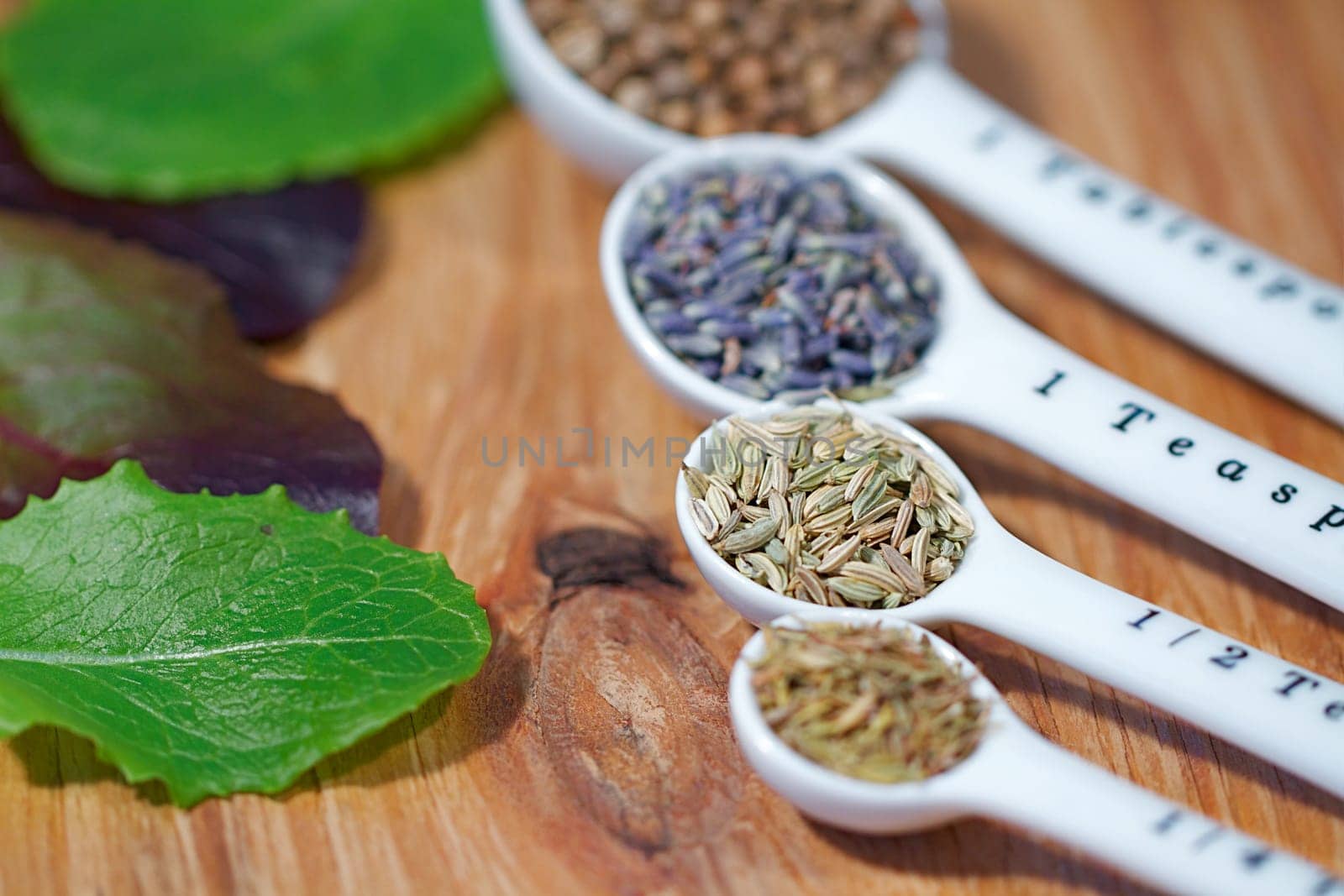 Old table-top selection of herbs and grains in measuring spoons