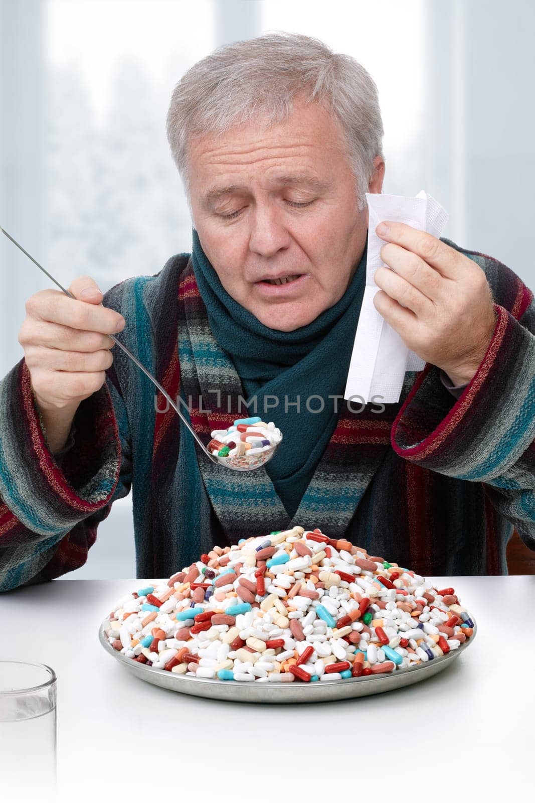 Senior doing exaggerated treatment with drugs