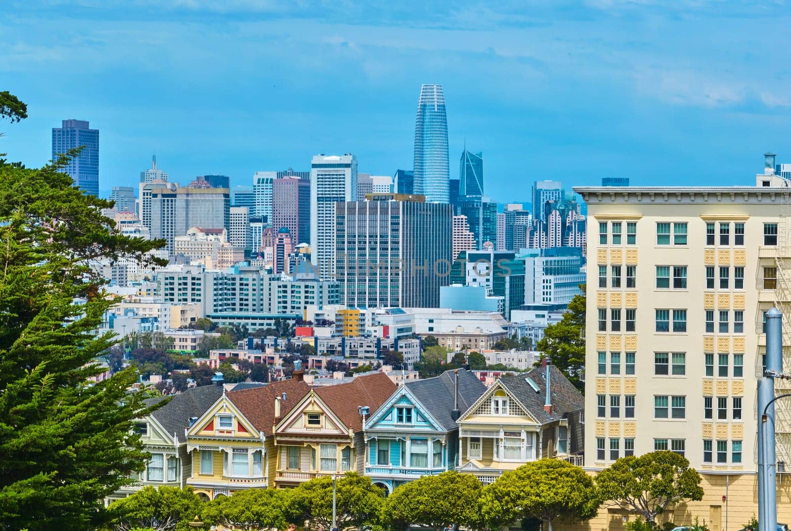 Image of Aerial panorama The Painted Ladies with cloudy blue sky with downtown city skyscrapers