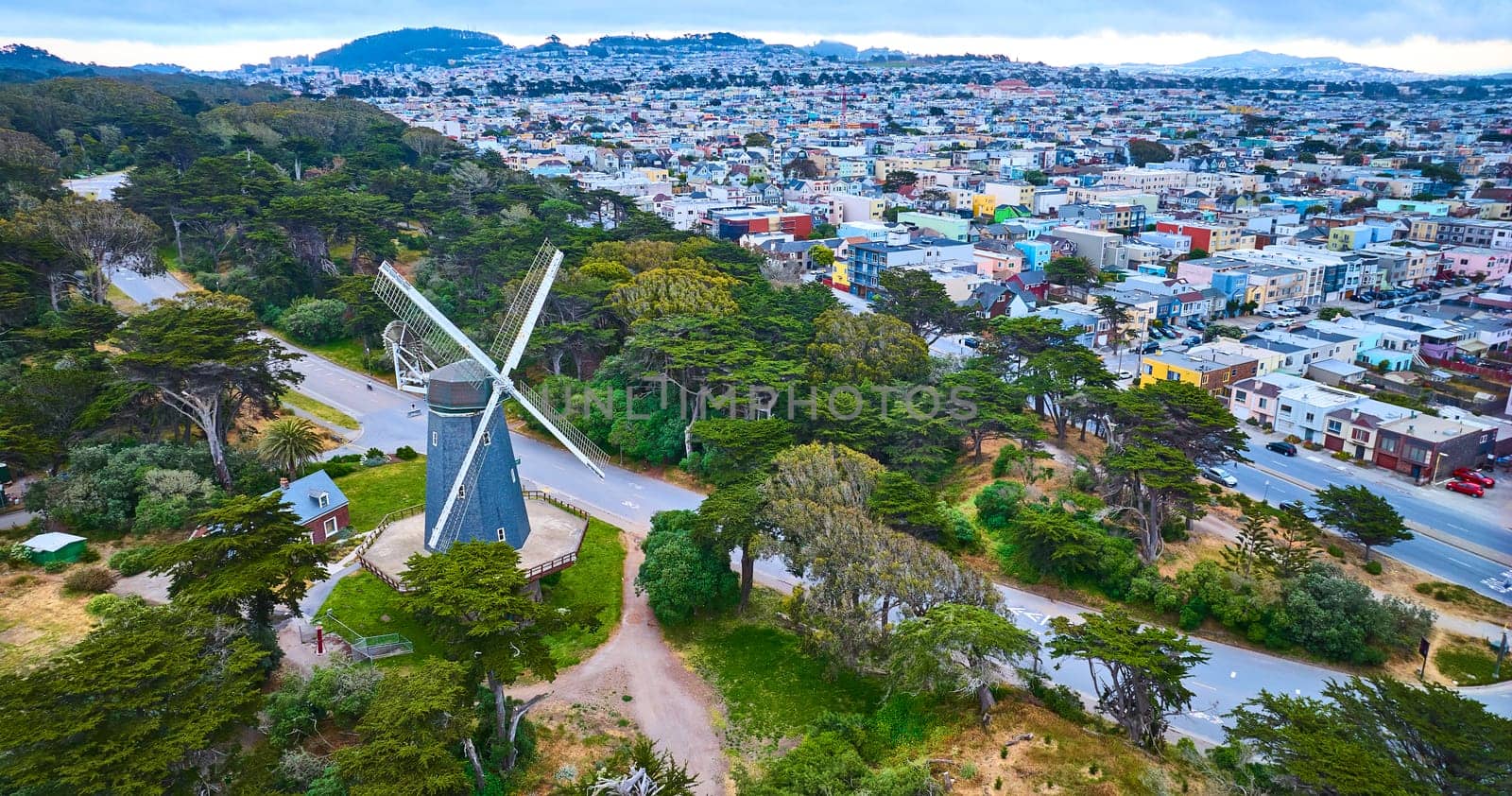 Image of Aerial San Francisco murphy windmill overlooking colorful urban city homes