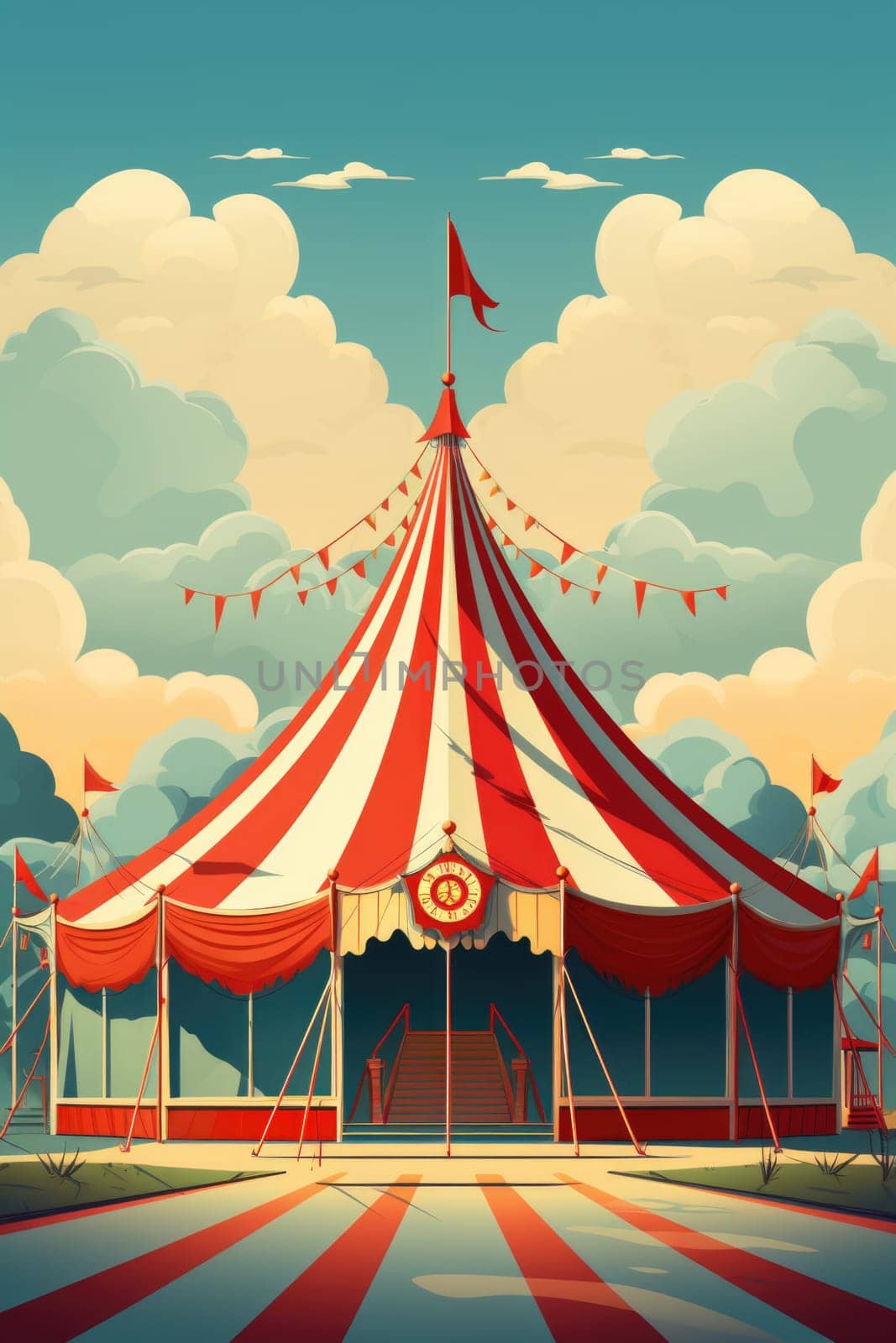 Circus tent against the blue sky with clouds. Circus poster, poster. World Circus Day. Generated by artificial intelligence by Vovmar