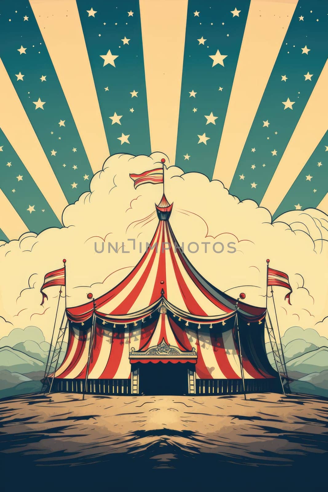 Circus tent against the sky with diverging rays. Circus poster, poster. World Circus Day. Generated by artificial intelligence by Vovmar