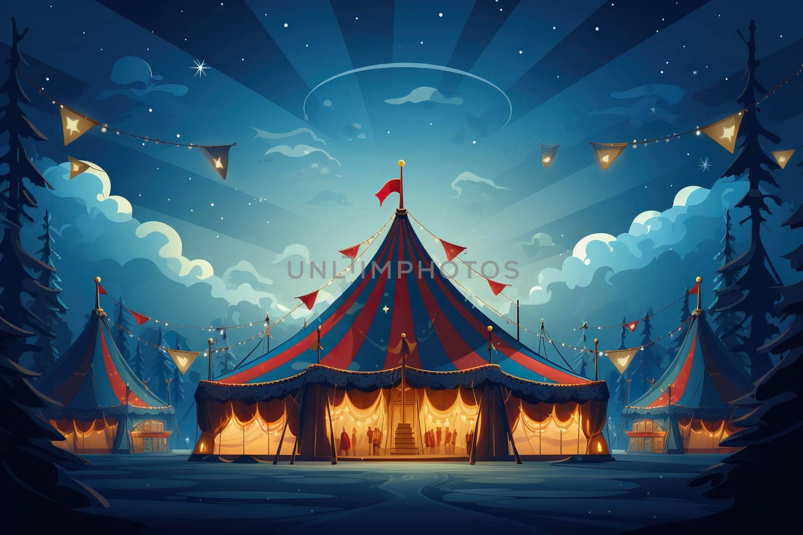 Circus tent against the sky with diverging rays in evening. Circus poster, poster. World Circus Day. Generated by artificial intelligence by Vovmar