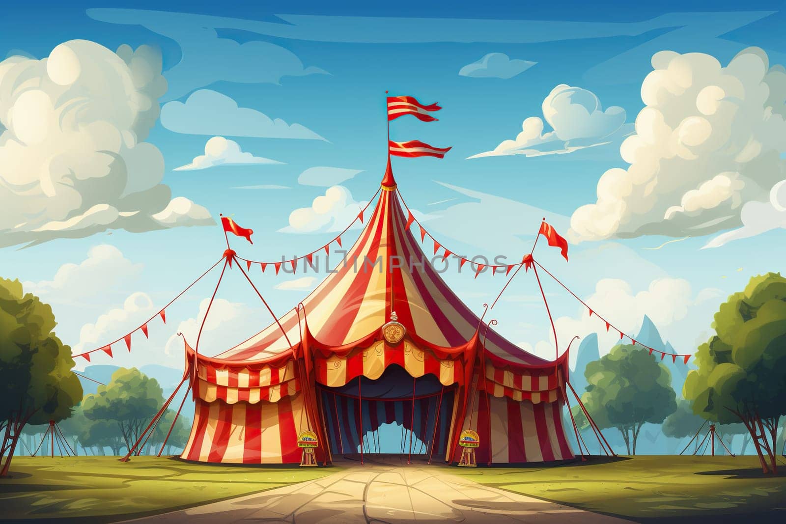 Circus tent against the blue sky with clouds. Circus poster, poster. World Circus Day.