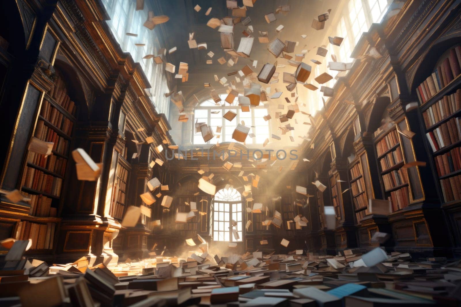 A large, bright library with high bookshelves and flying books.