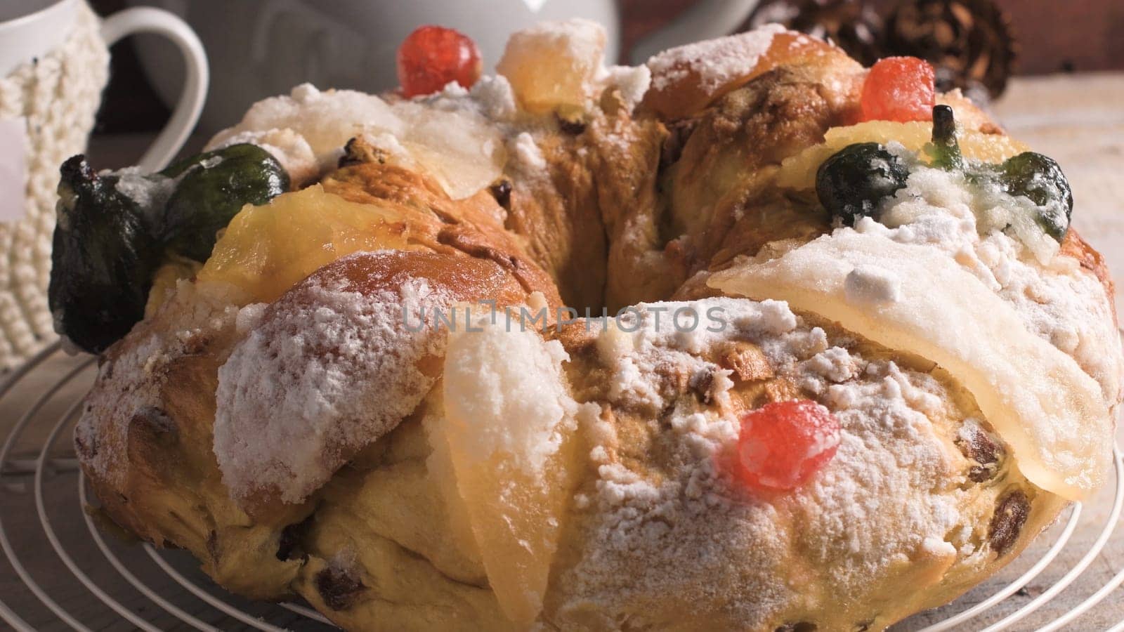 Bolo do Rei or King's Cake, Made for Christmas, Carnavale or Mardi Gras with Present Wrapping in Background