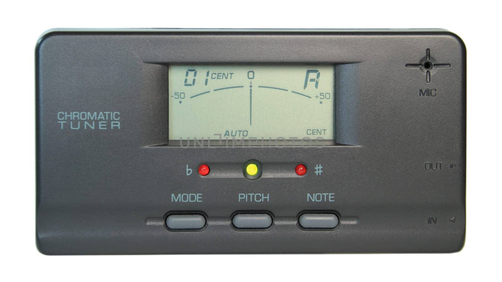 A digital chromatic tuner when tuned to A.