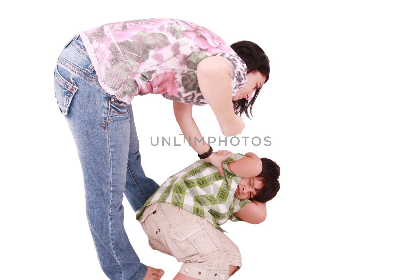 Woman hitting a son who cringes, isolated on white background