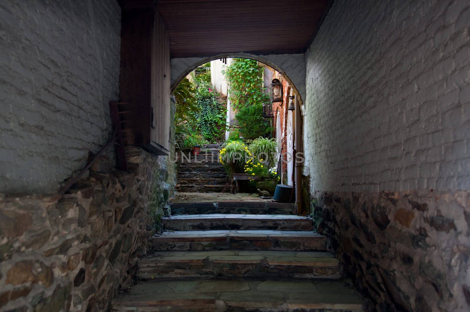 Old brick alley and stone steps lead to a hidden garden in old town