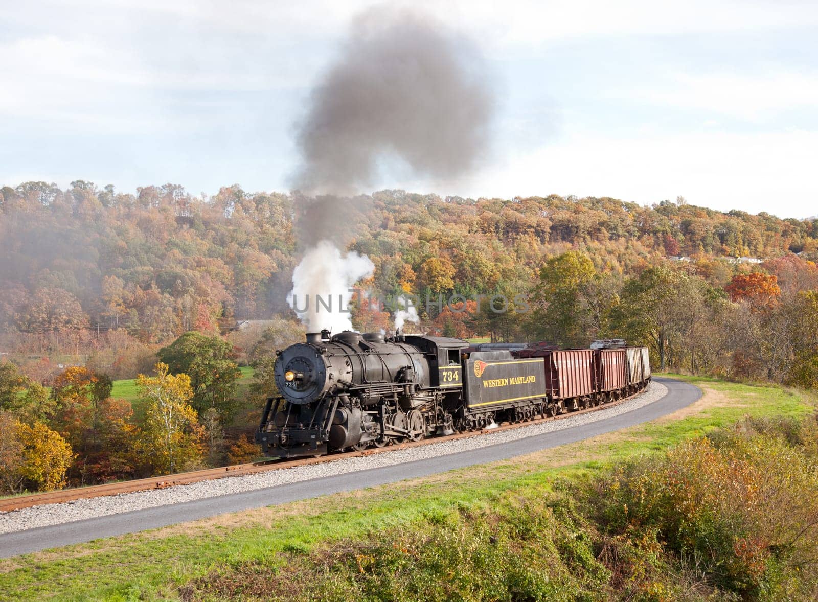 CUMBERLAND, MD - OCTOBER 17: Western Maryland Railroad steam train on October 17, 2011. This scenic railroad offers excursions pulled by a 1916 Baldwin locomotive