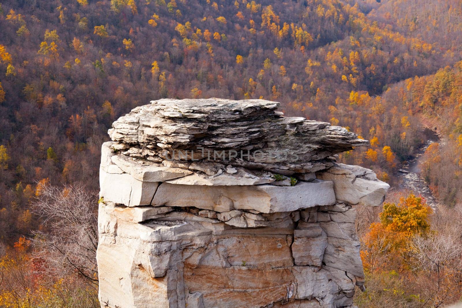Autumn trees and colorful leaves on a hillside in the fall with a large rock tower in foreground