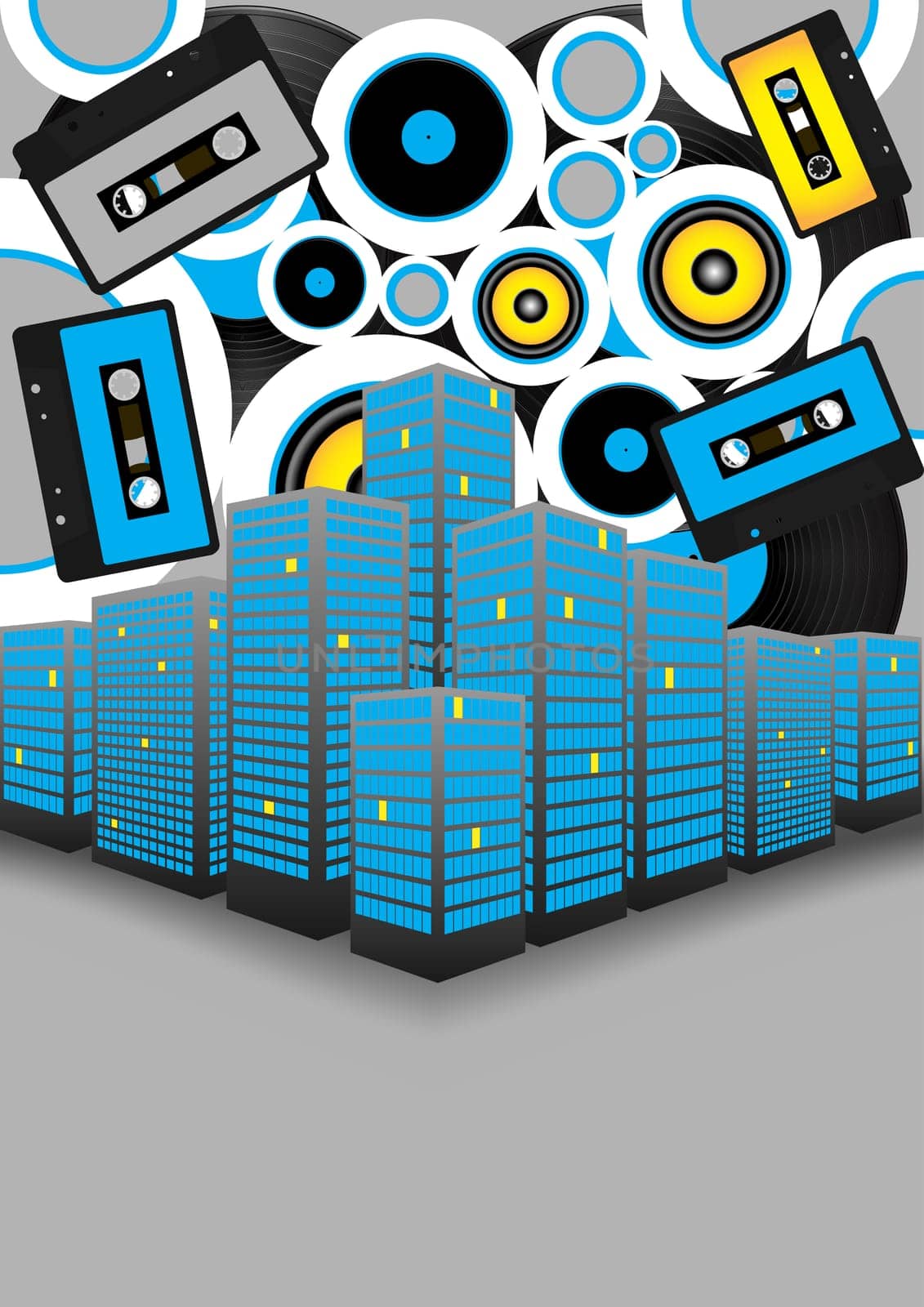 Retro Party Background - Audio Tapes, Vinyl Records and Skyscrapers on Grey Background