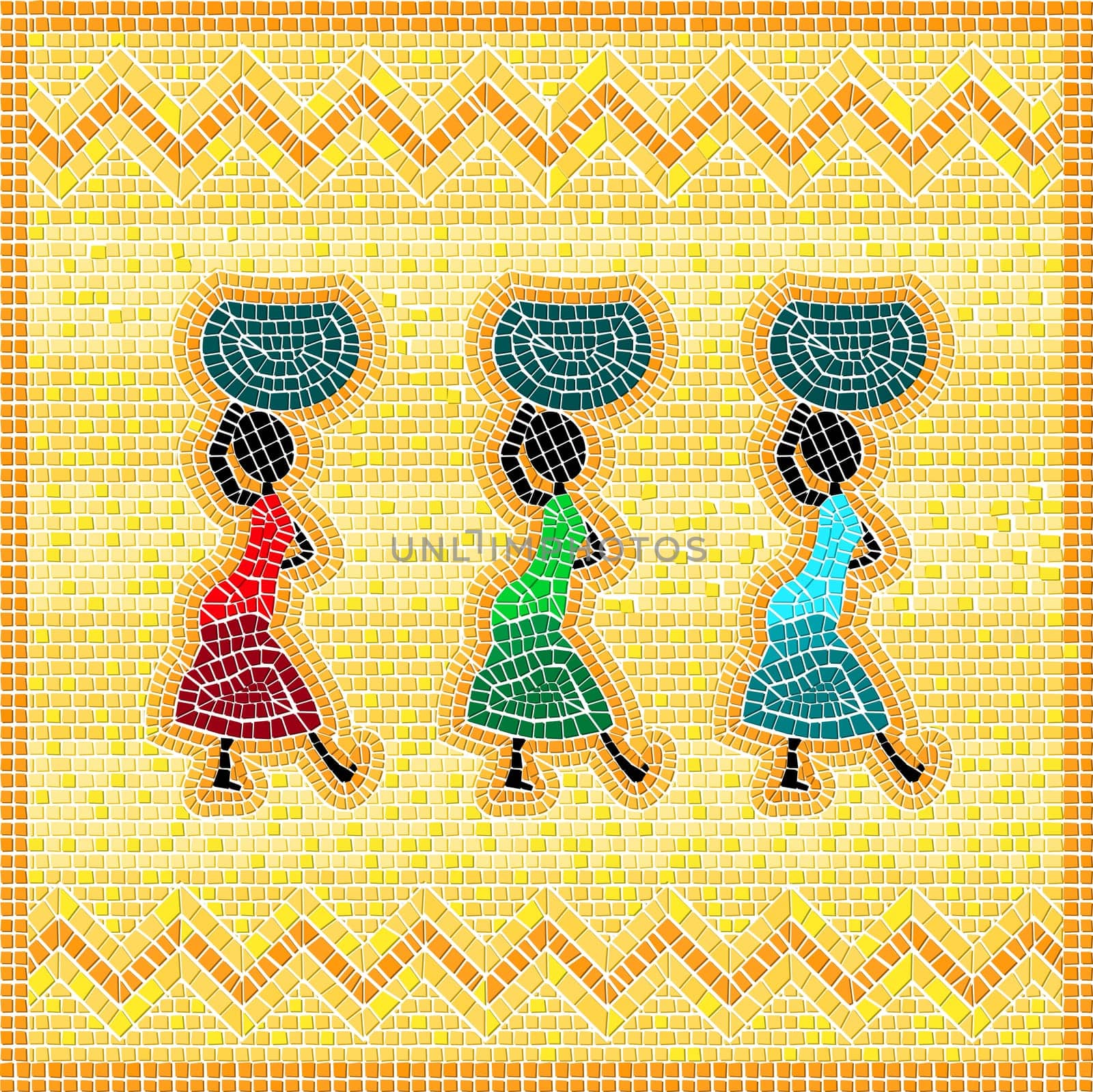 Mosaic of an african scene with women carrying food basket