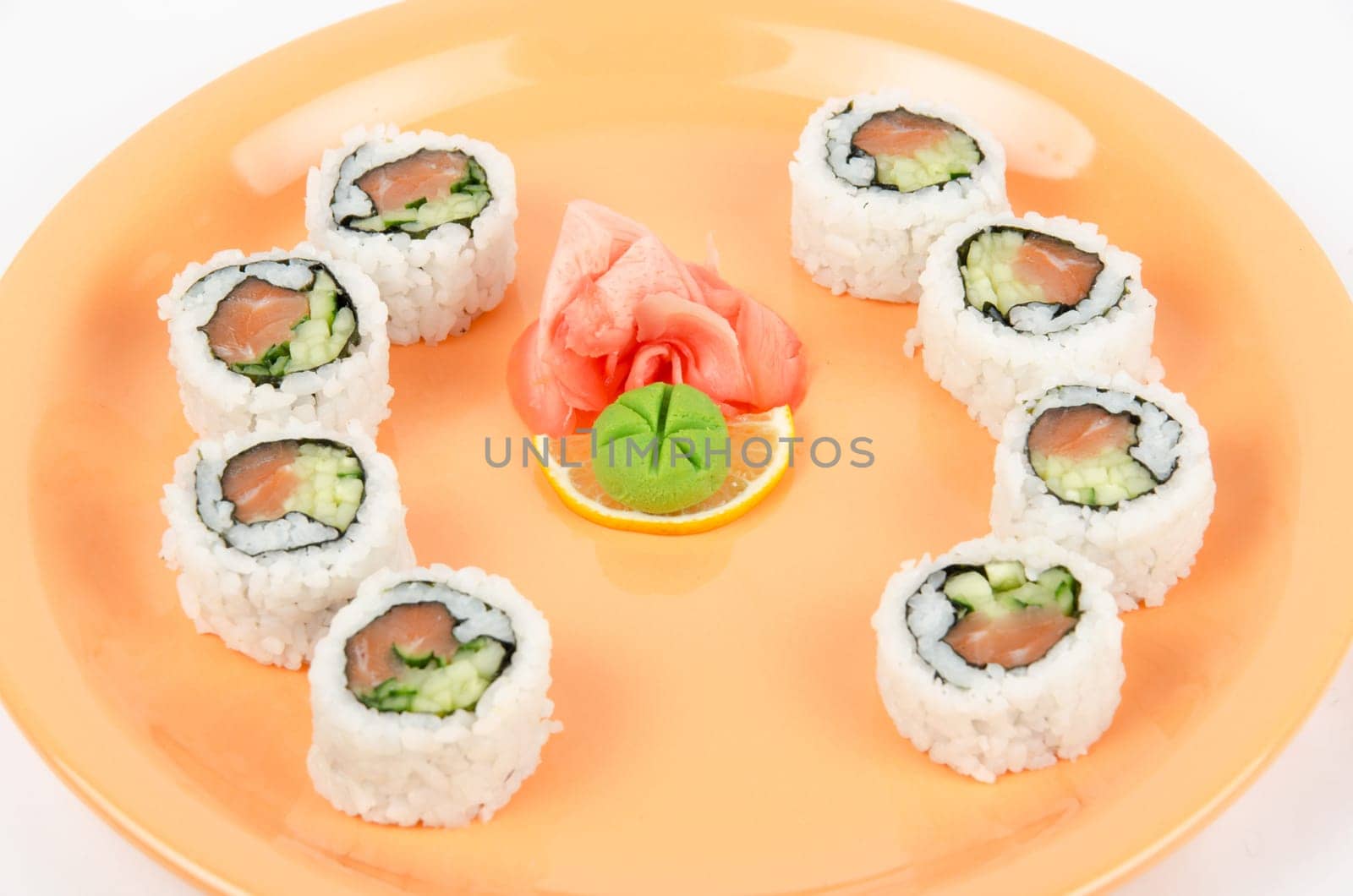 Closeup japanese sushi set at plate on a white