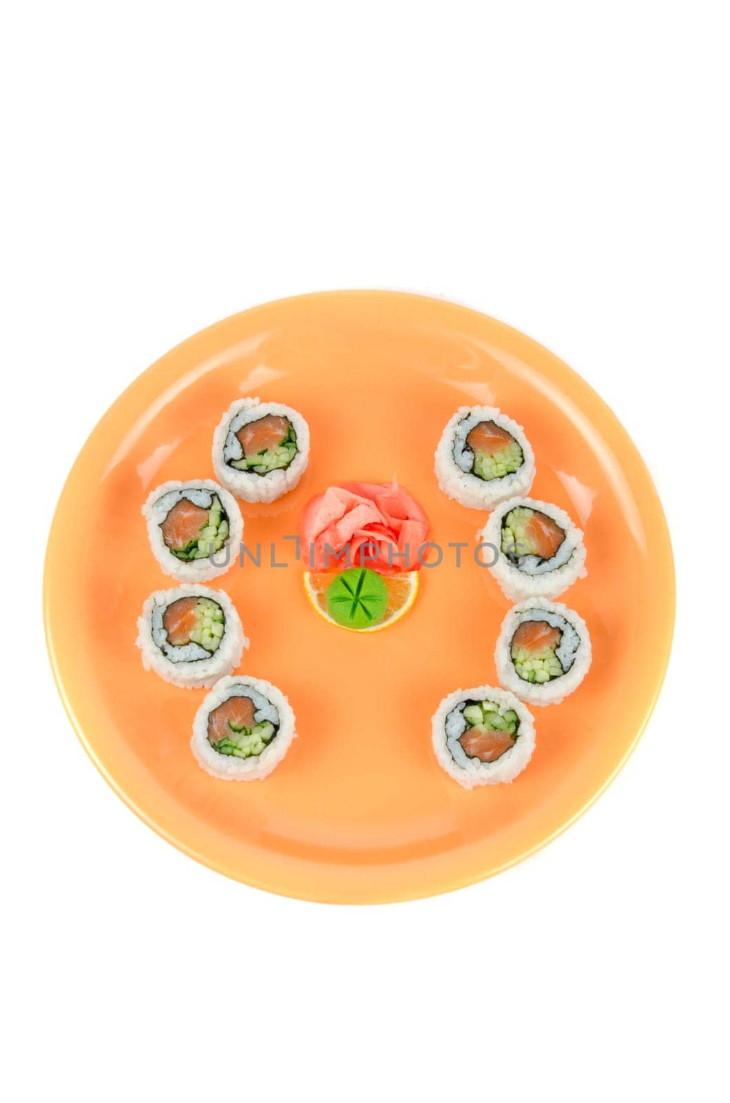 Closeup japanese sushi set at plate on a white