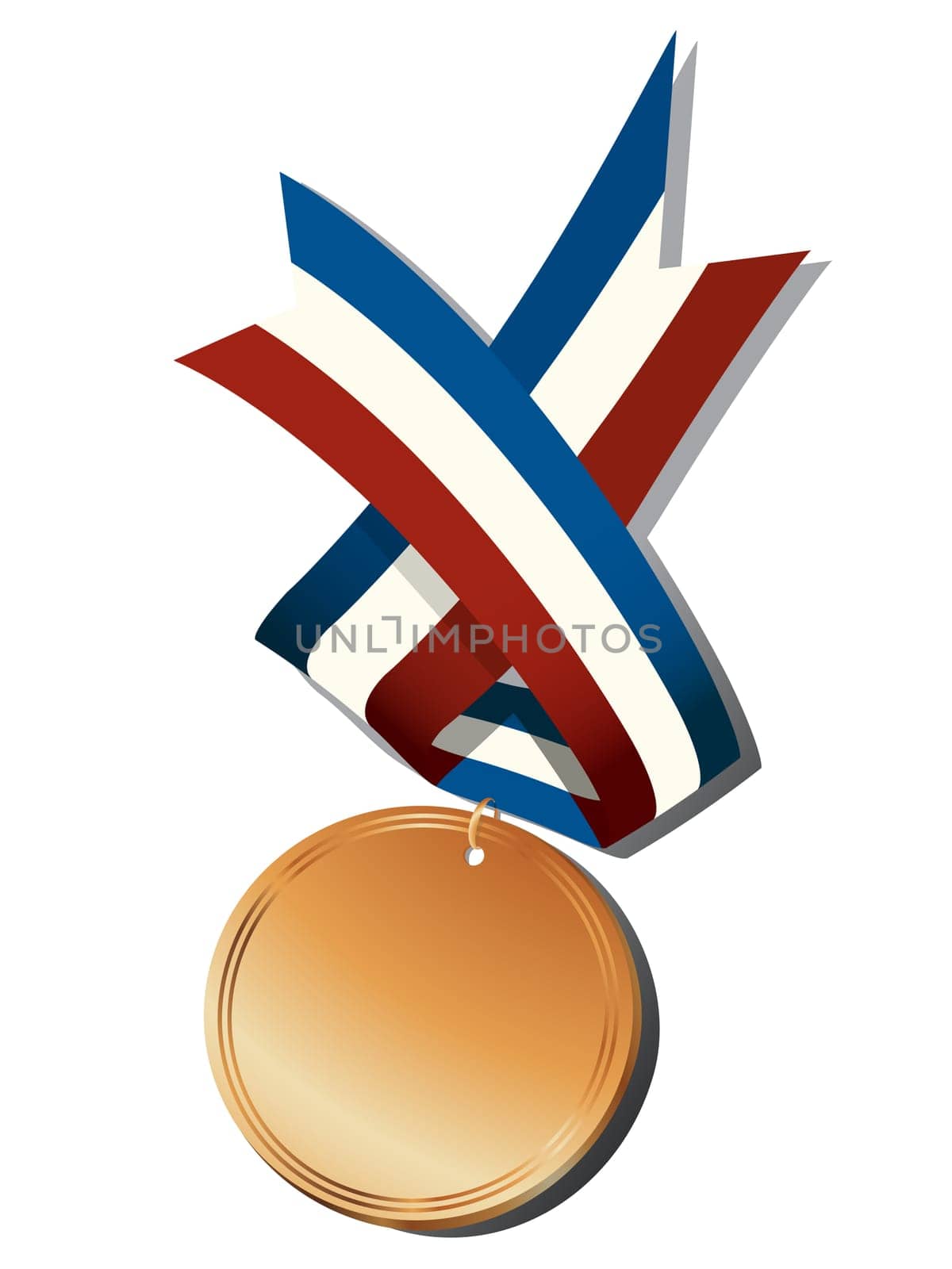 Realistic bronze medal and ribbon, isolated objects over white background
