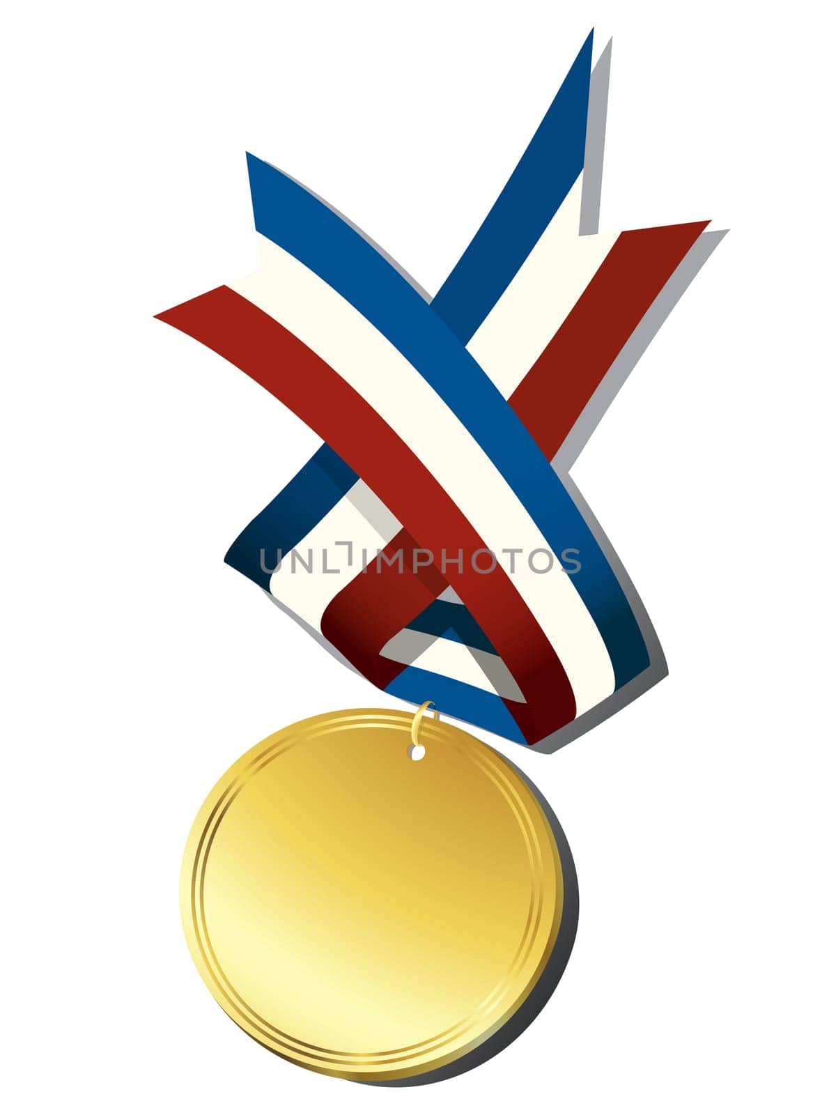 Realistic gold medal and ribbon, isolated objects over white background