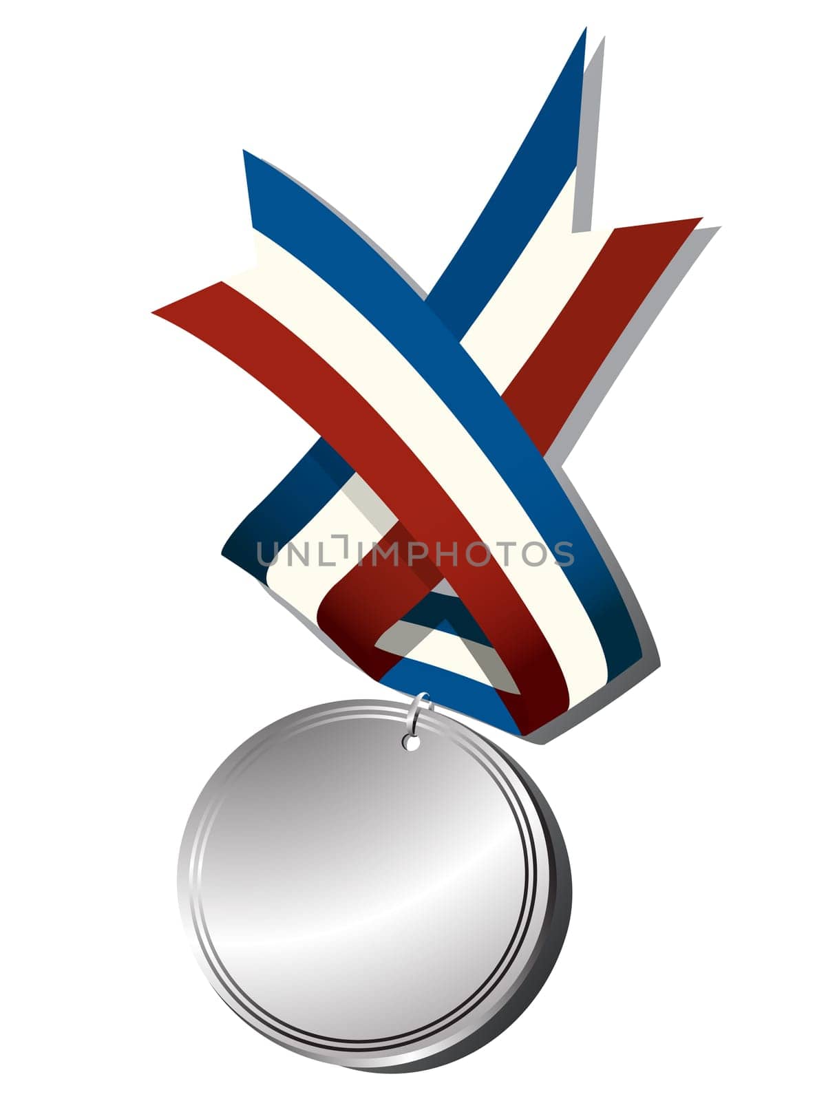 Realistic silver medal and ribbon, isolated objects over white background