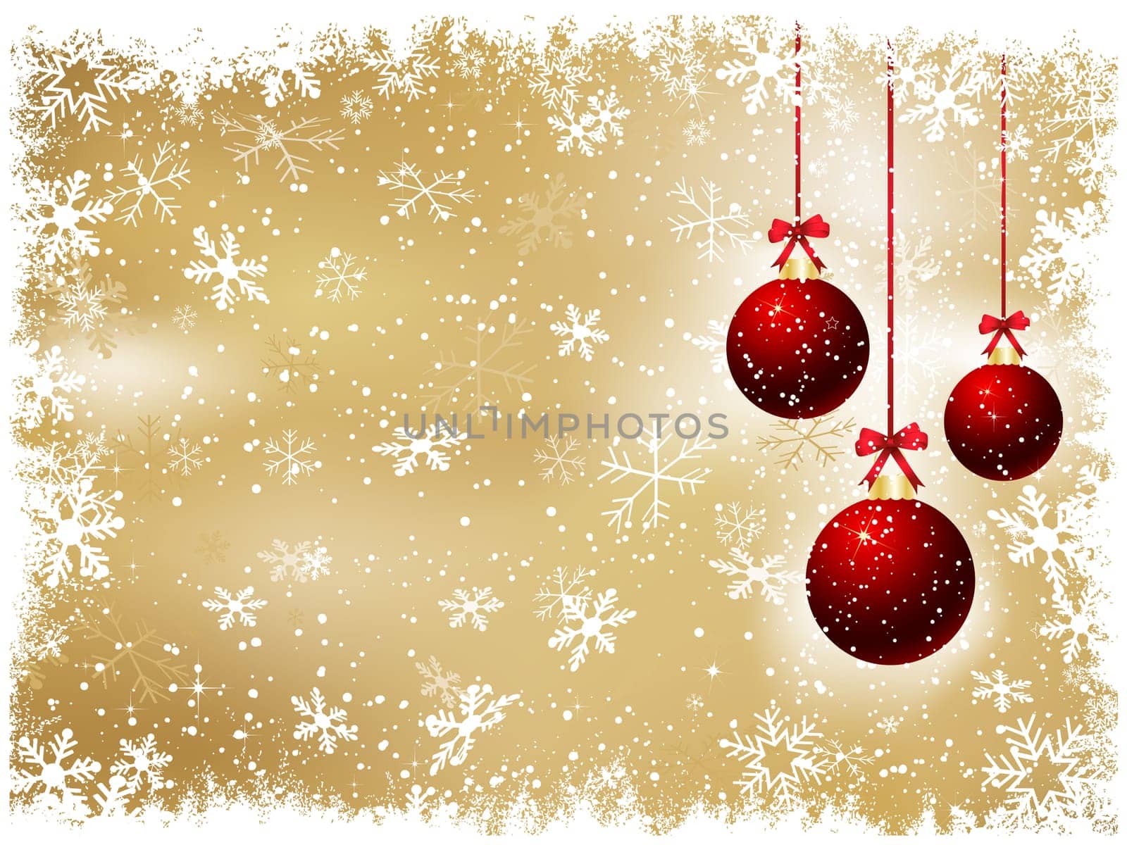 Hanging baubles on a golden snowflake background