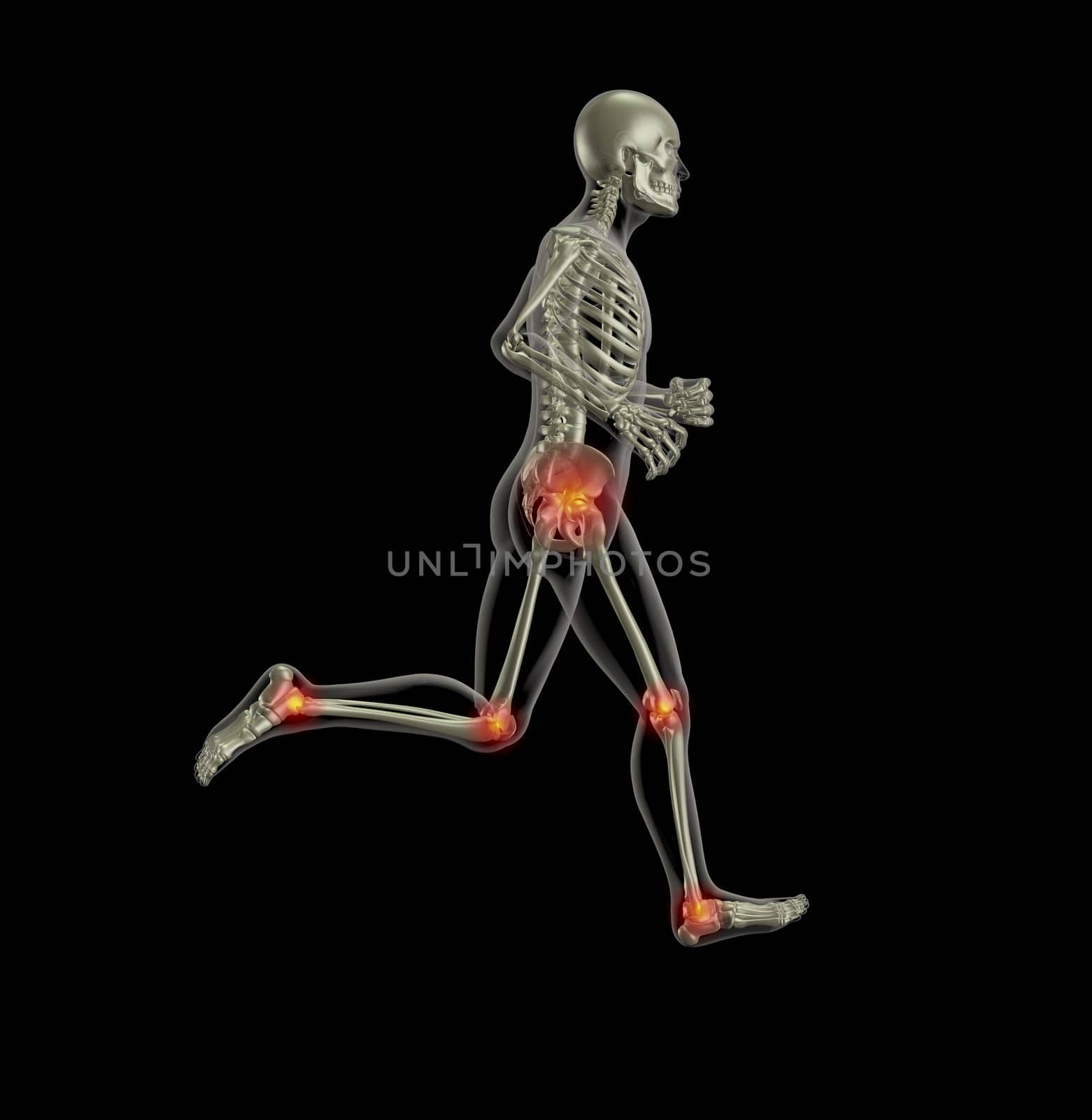 3D render of a skeleton running with leg joints highlighted