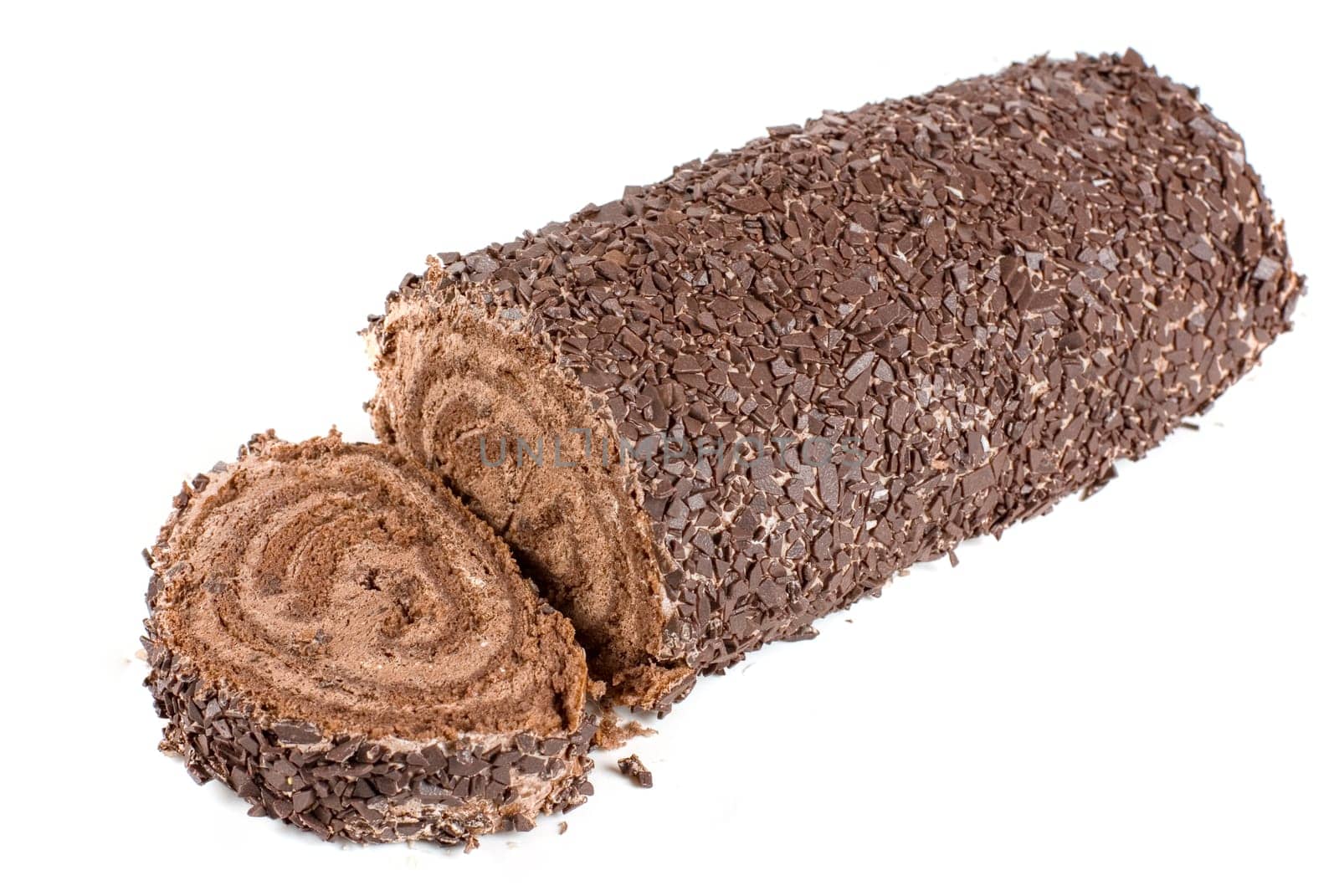 Chocolate Swiss roll closeup isolated on a white background