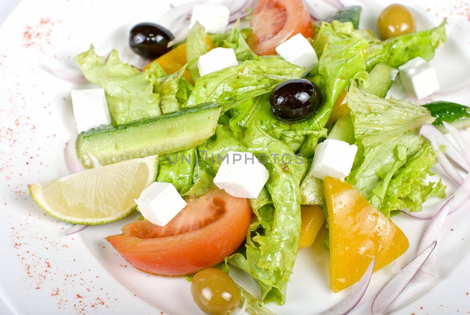Greece salad closeup dish. Soft focus