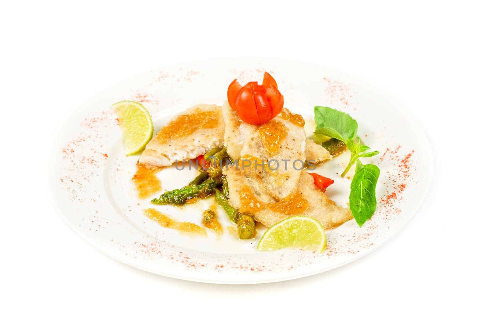 halibut filet roast at lime juice and vegetables