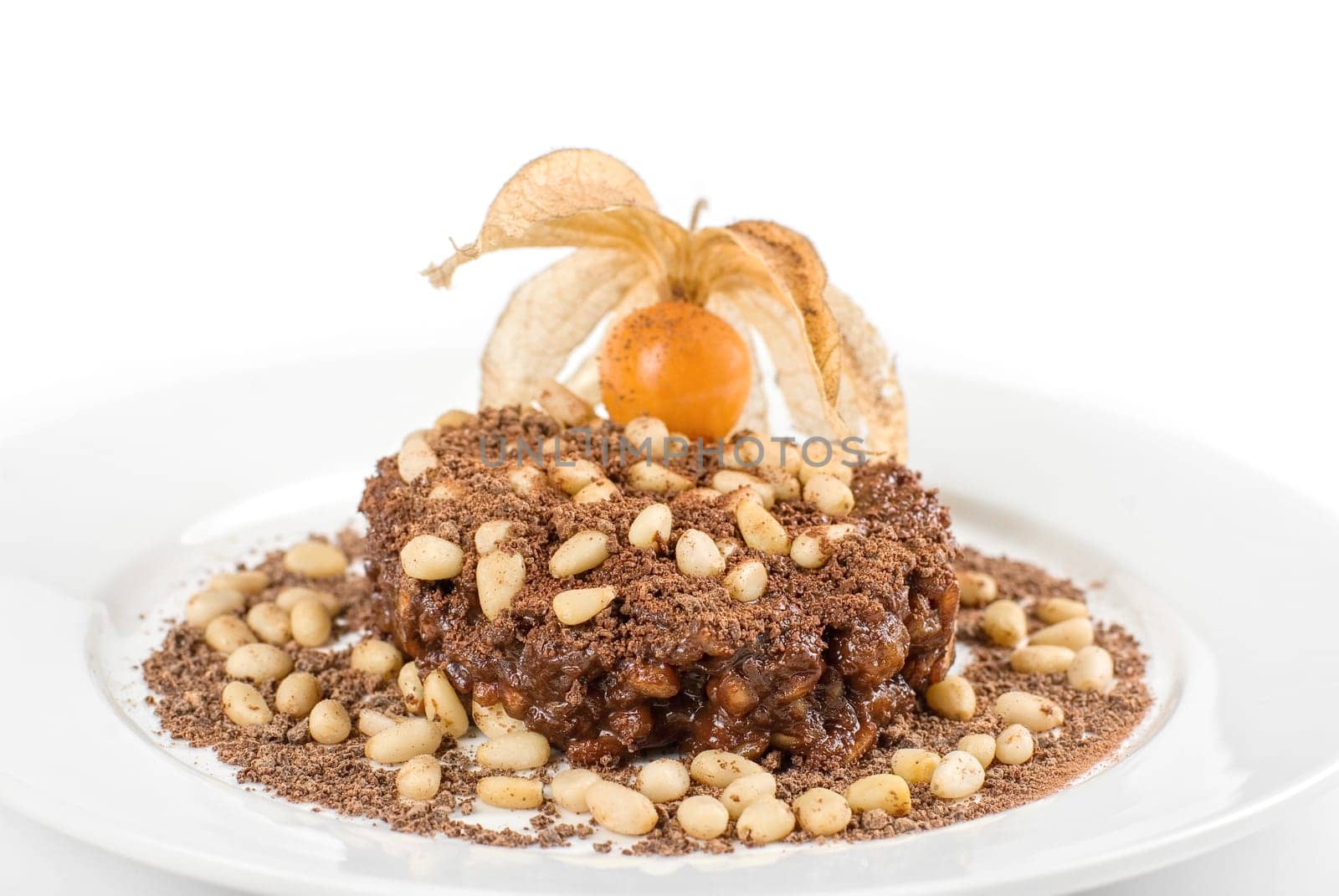 Chocolate risotto dessert closeup isolated on a white background