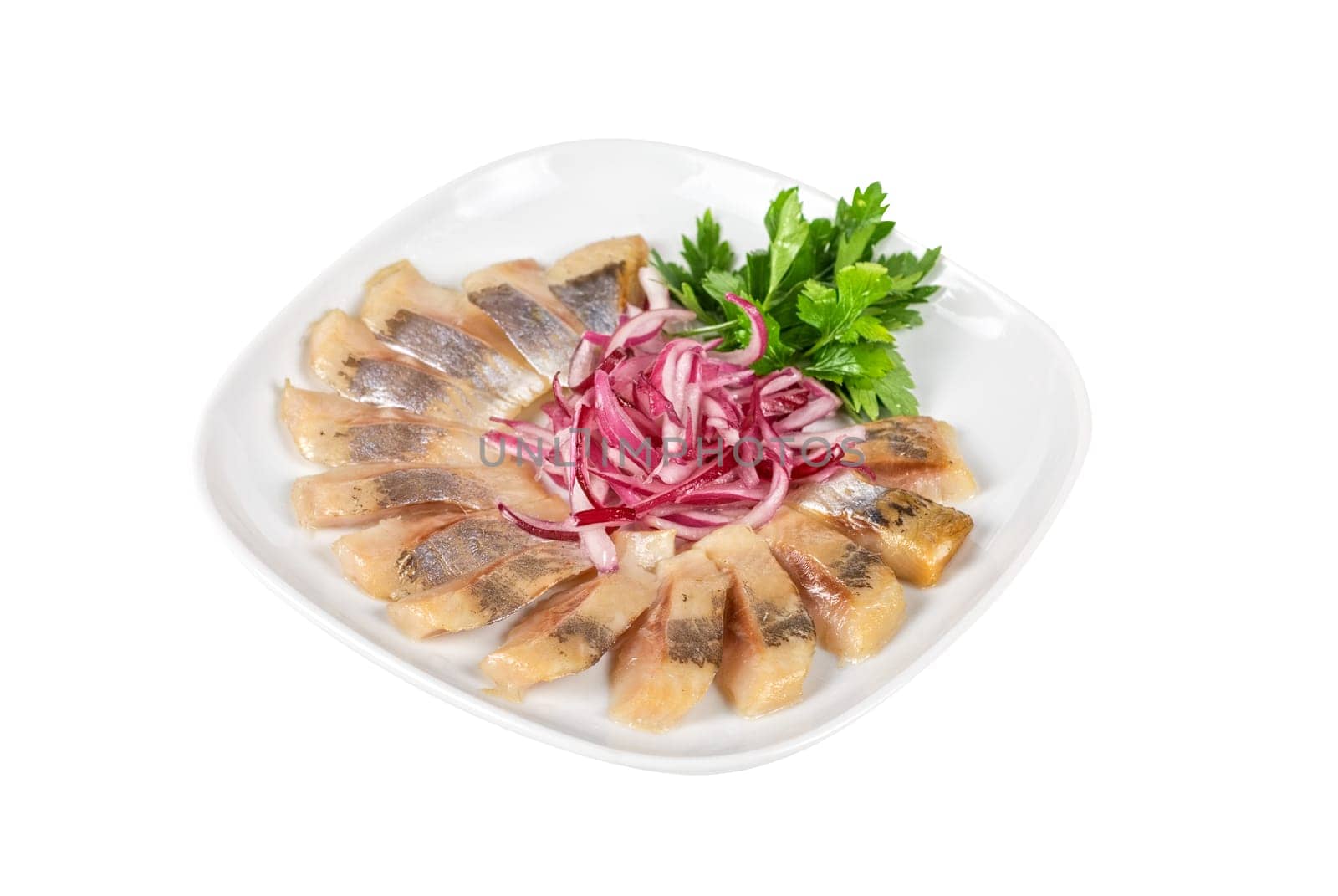 Marinated herring fillets closeup with onion