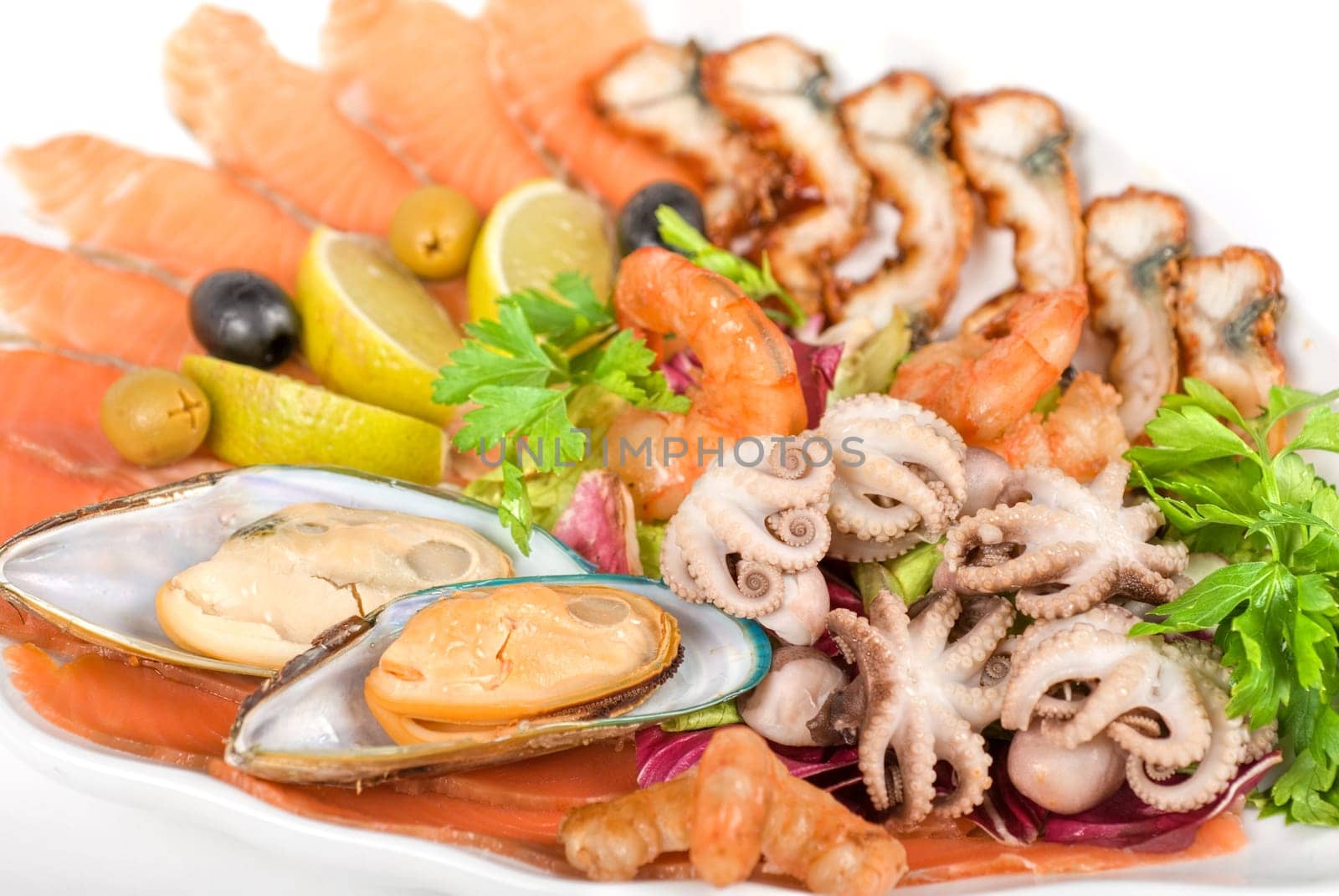 appetizer closeup of different seafood and vegetables