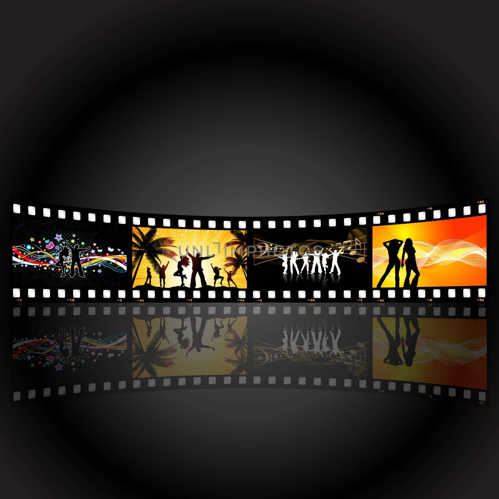 Illustrations of people dancing on a film strip background