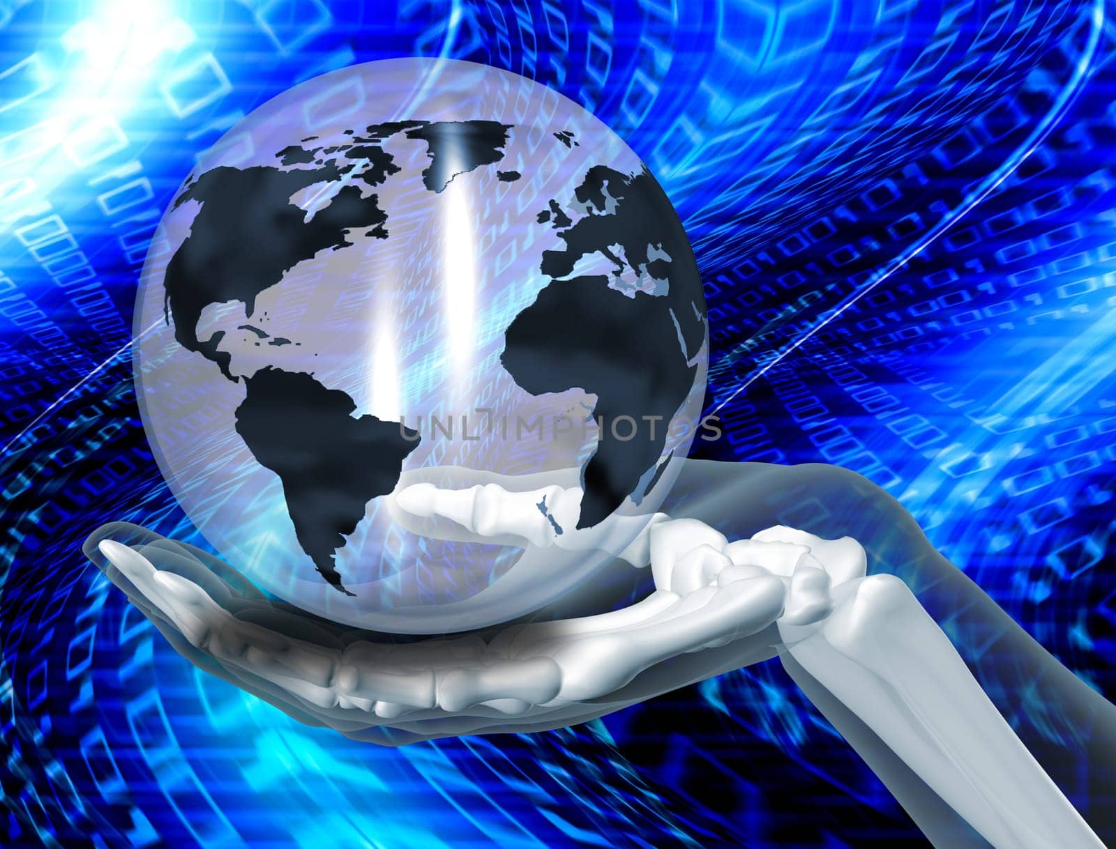 Skeleton hand holding a globe on a binary code background