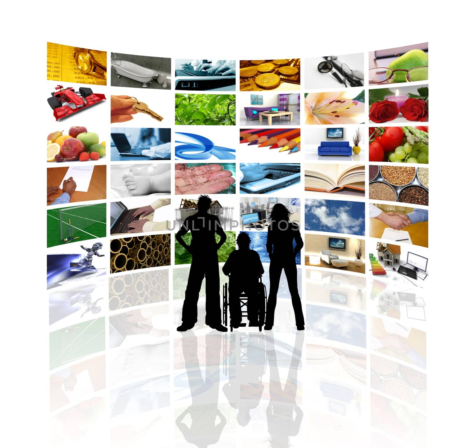 Large wall of tv screens with silhouette of people stood in front of it